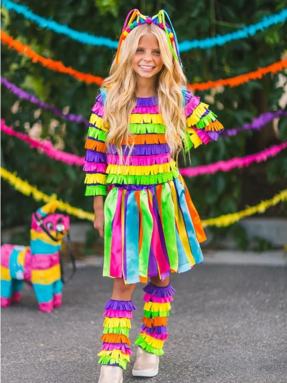 Sparkle in Pink Rainbow Piñata Costume Dress with Fringe